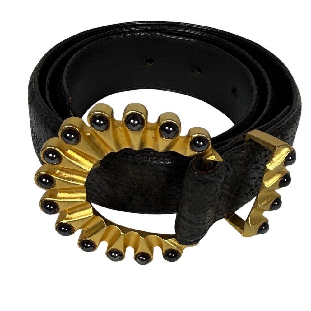 CARLISLE Women's Black Snakeskin Embossed Leather Belt Gold Statement Buckle S